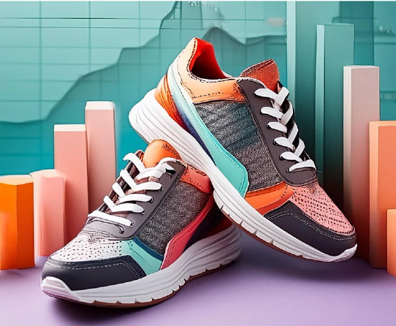 a pair of running shoes in front of a colorful bar graph