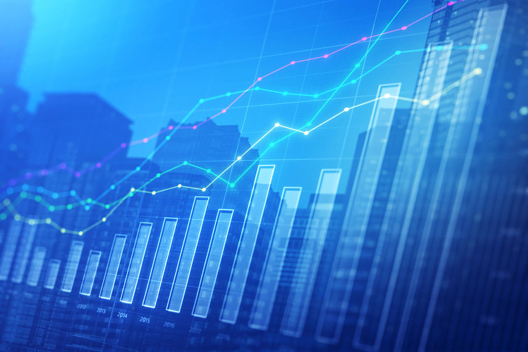 Graph and bar charts on a blue background